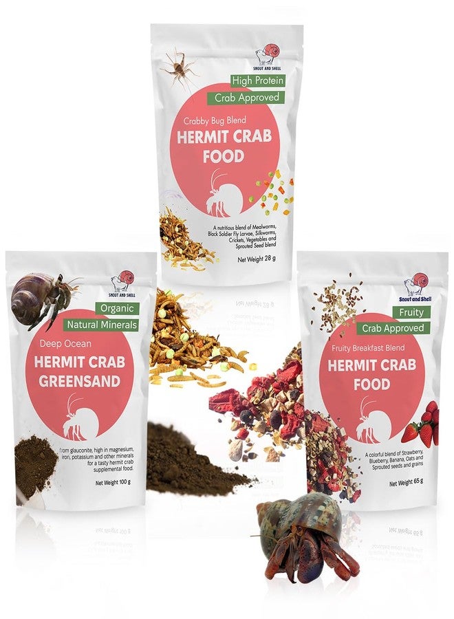 Snout and Shell Hermit Crab Food Bundle - Fruity Breakfast Blend, Crabby Bug Blend & Greensand - Organic, High Protein, Natural Minerals - Complete Nutrition for Healthy Shell Growth & Vitality - Image 1